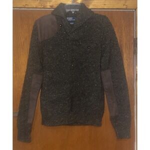 VTG Polo Ralph Lauren Sweater Mens Green 100% Wool Shawl Leather Patch Hunt Med